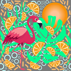 Modern Flamingo and Orange Pattern on Grey – Tropical Seamless Vector