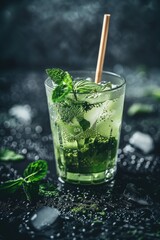 Mojito cocktail on black background. Wellness product branding, organic beverage promotions, cafe menus, social content, packaging mockups,  editorial design for healthy living topics.


