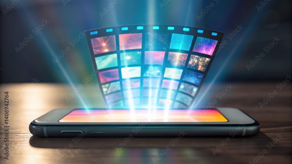 Poster a smartphone displays vibrant images and videos, with light beams illuminating from the screen, crea