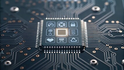 Close-up of a microchip with intricate circuitry, showcasing various icons and connections on a dark background.
