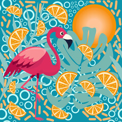 Flamingo and Orange Seamless Pattern on Blue – Tropical Summer Design