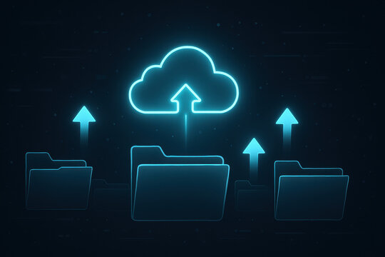 Illustration technologique de transfert de fichiers vers le cloud &ndash; dossiers envoy&eacute;s en ligne, ic&ocirc;ne fl&egrave;che et stockage distant, concept de sauvegarde de donn&eacute;es num&eacute;rique