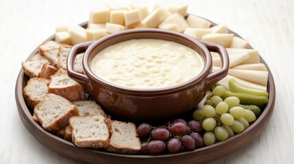 Delicious Cheese Fondue with Assorted Dippers on a Wooden Platter