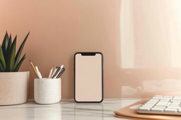 pastel tones stylish and comfortable environment a blank screen mobile phone is on the table, next to it is a keyboard and a cup, everything in the frame is pink and pastel tones