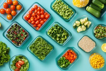 Colorful meal prep containers, Fresh vegetables, Healthy food spread, Vibrant salads