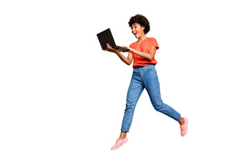 Full length photo of excited funny funky curly hair girl use her laptop find news information about...