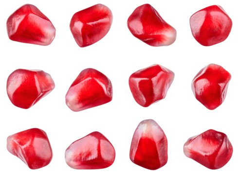 Pomegranate seeds isolated png. Pomegranate seed on white or transparent background. Pomegranate seeds collection no background top view. Transparent png. Full depth of field.