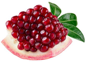 Pomegranate piece isolated png. Pomegranate with seeds and leaves on transparent background. Broken pomegranate slice no background. Perfect retouched transparent png. Full depth of field.