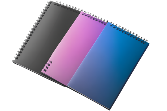 3 spiral notebooks with black, blue, and purple covers, transparent background