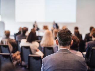 Interview and round table discussion at business convention and presentation. Audience at the...