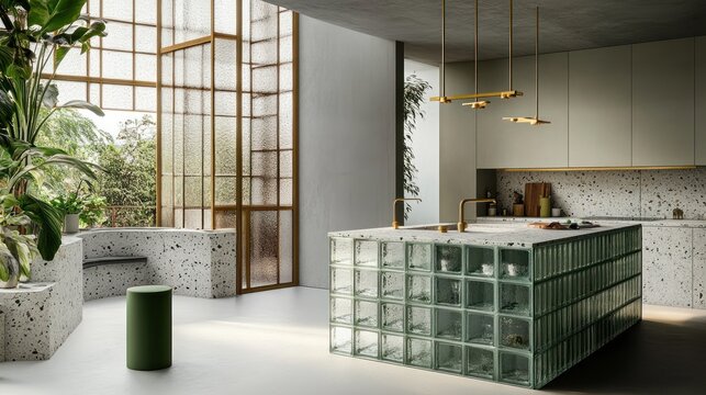 Modern kitchen island, glass block design, tropical view, sunlight, interior design