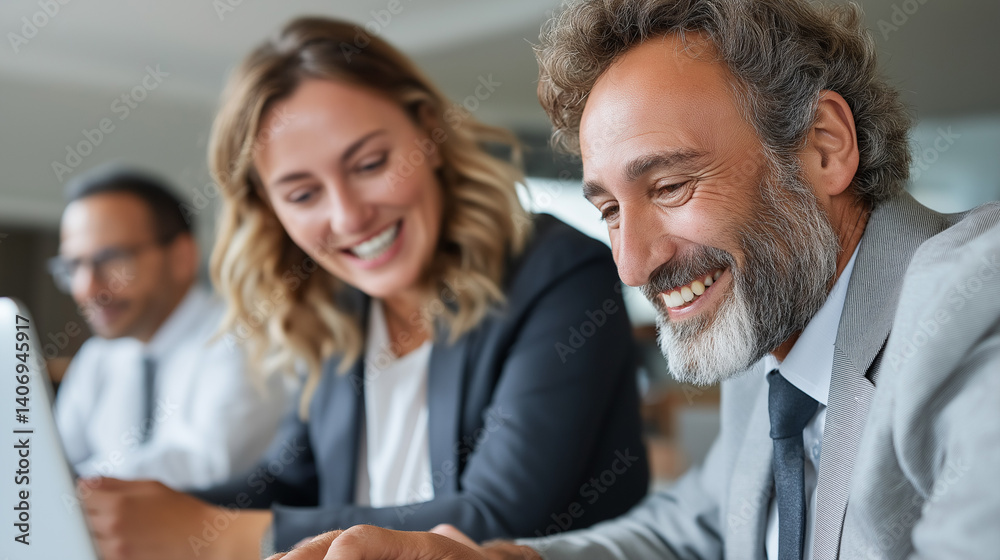Poster three business partners engage enthusiastically in a strategy session, sharing ideas and insights at