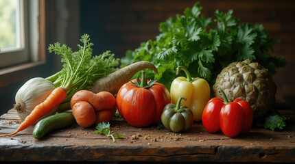 A variety of vibrant vegetables are placed on an old wooden table. The natural light highlights fresh tomatoes, peppers, carrots, and herbs, creating an appetizing display