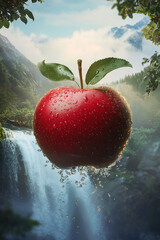 A vibrant red apple glistens with water droplets, suspended in mid-air against a lush, mountainous backdrop with a cascading waterfall.