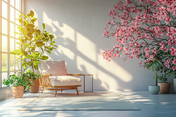 A cozy living space with natural light, featuring a comfortable chair, vibrant plants, and a lush flowering tree, creating a serene and inviting atmosphere.