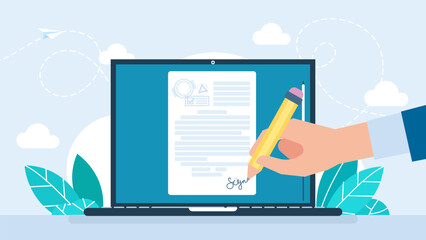 Electronic signature on laptop. Man putting esignature into legal document. Digital signature concept. Businessman signing an agreement or contract online. Business legal deal. Vector illustration
