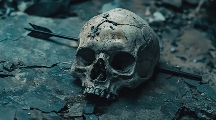 Cracked Human Skull with Arrow on Weathered Surface in Dark Setting