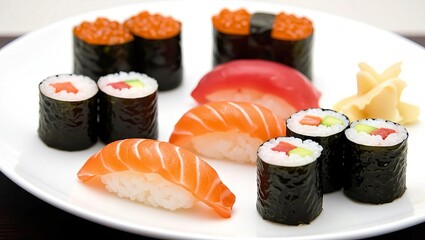 sushi and chopsticks, sushi with salmon and wasabi