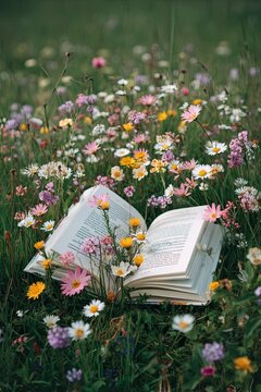 Fototapeta Open book lying in colorful wildflower meadow during peaceful spring day