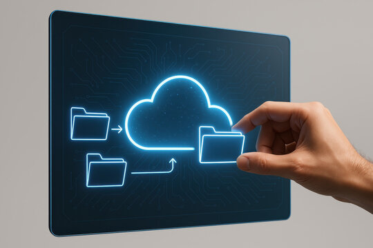 Main interagissant avec une interface cloud virtuelle &ndash; transfert de dossiers num&eacute;riques dans un environnement tactile futuriste, concept de technologie connect&eacute;e et sauvegarde en ligne