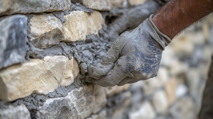 Mason applying mortar on a stone wall. Featuring stonework