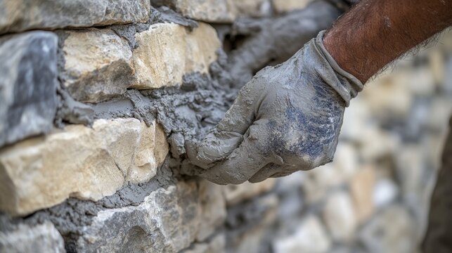 Mason applying mortar on a stone wall. Featuring stonework
