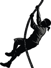 A silhouette of a person climbing a rope, with arms bent. Great for obstacle course branding and gym training apps.	