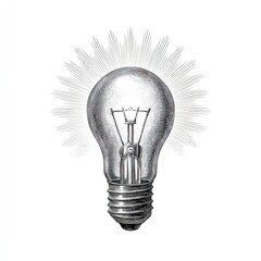 Sketch engraving of light bulb with radiant glow on white background