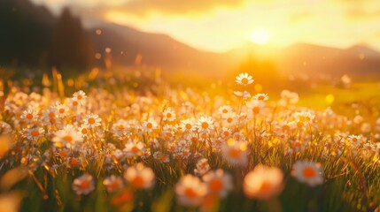 Naklejka premium Daisy Field at Sunset with Mountain Background
