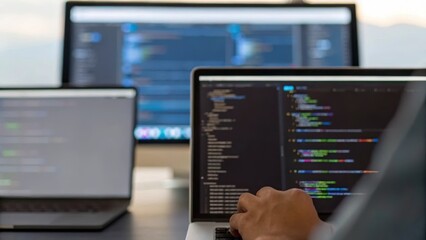 Blurred screens display programming code while a person's hand interacts with a laptop, depicting a tech-focused workspace.