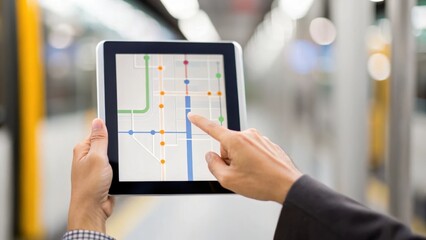 A person uses a tablet to navigate a transit map, pointing at a route in a subway or train station setting.