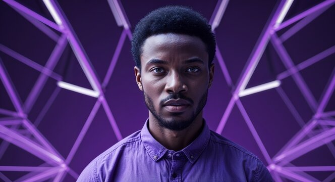 African man on purple theme innovative tech structure background design template banner with copy space