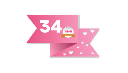 34 year anniversary vector banner template with pink card and white heart shape. background design for banner, greeting card, poster, prints, social media post ,flyer , T shirt with background.