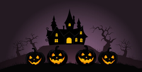 Halloween. halloween background with dark night, halloween party and invite design. halloween holiday poster. graveyard, tombstone, cemetery, church, crow, ghost, boo, and pumpkins vector
