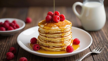stack of pancakes with syrup and berries, pancakes with blueberries