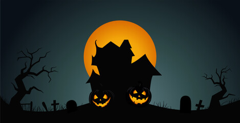 Halloween. halloween background with dark night, halloween party and invite design. halloween holiday poster. graveyard, tombstone, cemetery, church, crow, ghost, boo, and pumpkins vector