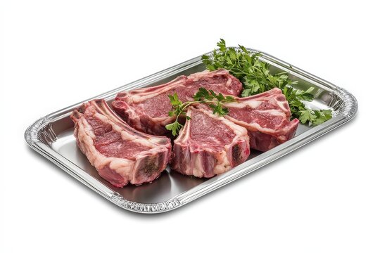 Four raw lamb ribs arranged on a silver tray.