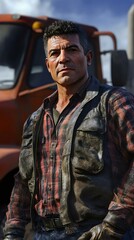 Fototapeta premium Portrait of a rugged construction worker in a plaid shirt, with great detail, showcasing determination against a construction backdrop.