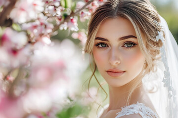 Fototapeta premium Generative AI Bride and Groom in Wedding Ceremony in Blooming Spring Garden