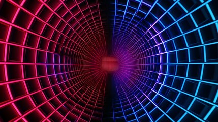 Fototapeta premium A digital image depicting a tunnel composed of glowing neon pink and blue squares, creating a vibrant, symmetrical, and futuristic effect.