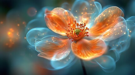A stunning close-up of a luminous flower with vibrant orange petals, glowing softly against a dreamy backdrop of blue and sparkling lights.