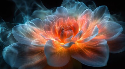 Obraz premium A vibrant, glowing flower with ethereal petals emitting soft light and color, creating a stunning visual effect in a dark background.