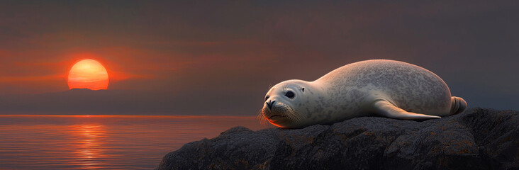 Fototapeta premium serene seal rests on rocky shore as sun sets over calm waters, creating tranquil atmosphere. warm colors of sunset reflect beautifully on water surface, enhancing peaceful scene