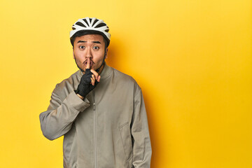 Asian man in bike helmet and gloves, yellow studio backdrop keeping a secret or asking for silence.