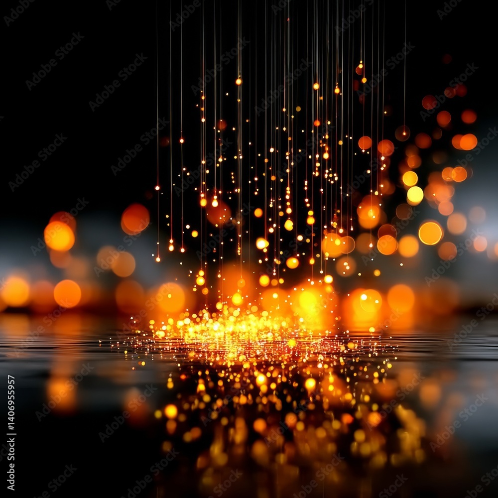 Poster golden cascade: an abstract river of light, illuminating the darkness with a sparkling, reflective g