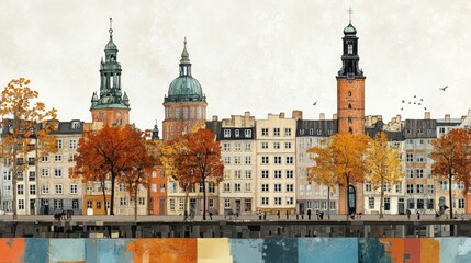 Fototapeta premium Charming urban cityscape with autumn foliage and architectural landmarks