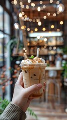 Naklejka premium Iced Coffee with Whipped Cream and Caramel Drizzle in a Cafe Setting
