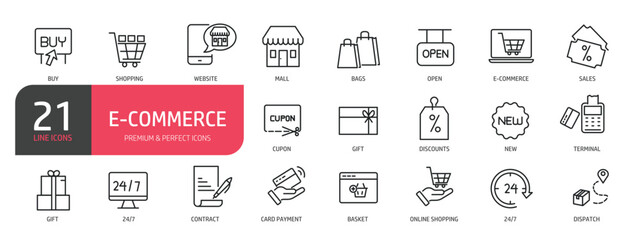 Set of line icons related to user e-commerce, open, discount, terminal, sale. Outline icons collection. Editable stroke. Vector illustration.