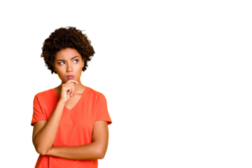 Copyspace photo of contemplating watching looking staring girlfriend wearing orange t-shirt touching her chin pondering over something to choose isolated over yellow vivid color background