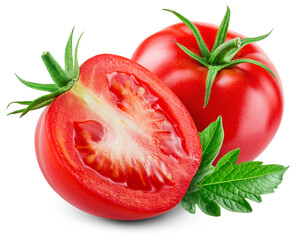 Tomato isolated png. Tomato with a half  and leaf on white or transparent background. Perfect retouched png tomato no background. Whole tomato with a slice. Full depth of field.